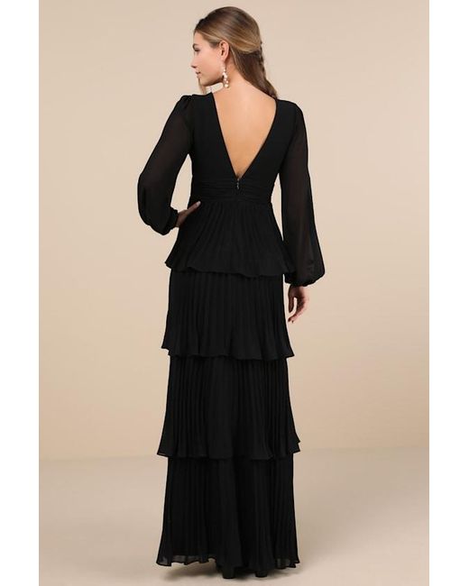 Lulus Black Graceful Finesse Pleated Long Sleeve Maxi Dress