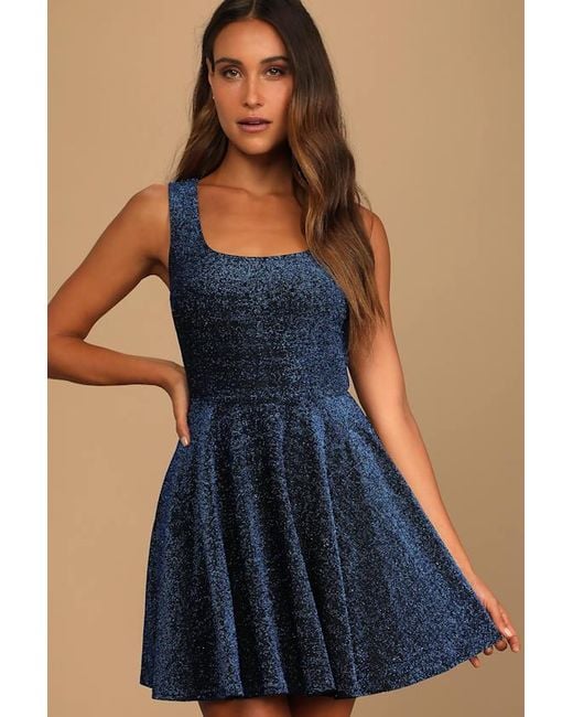 Lulus Blue Best Date Ever Metallic Skater Mini Dress