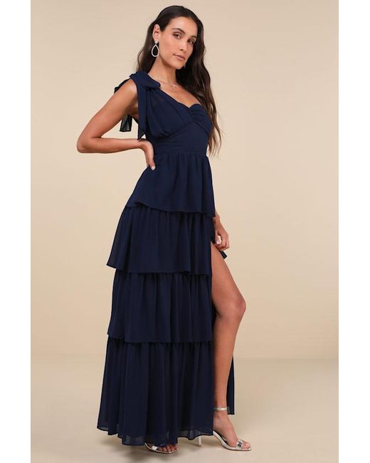 Lulus Elevated Vision One-Shoulder Tiered Maxi Dress in Blue | Lyst UK