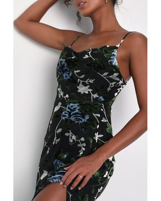 Lulus Black Chic Romantic Burnout Velvet Floral Cowl Neck Dress