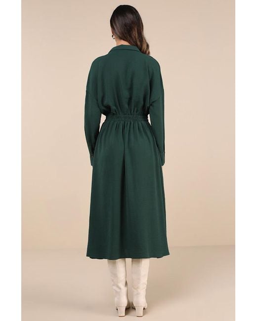 Lulus Green Timeless Class Collared Button-Up Pleated Midi Dress