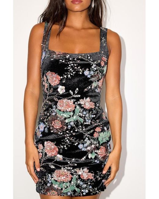 Lulus Black Camesha Multi Floral Velvet Sequin Mini Dress