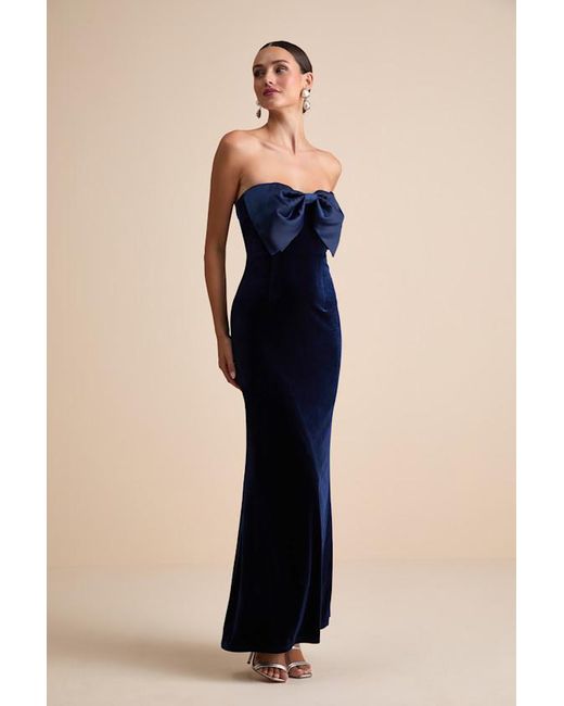 divine existence navy blue velvet tie front strapless maxi dress Lulus Dramatic Stunner Bow in Embellishment_Applique Flattering ruched back with Quantity:355 cards Plus Size Black Wedding