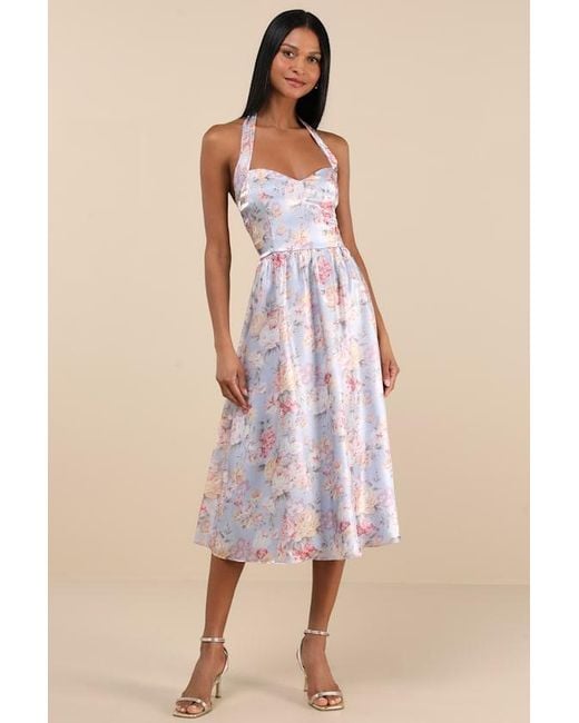 Lulus Natural Briselda Floral Organza Halter Midi Dress