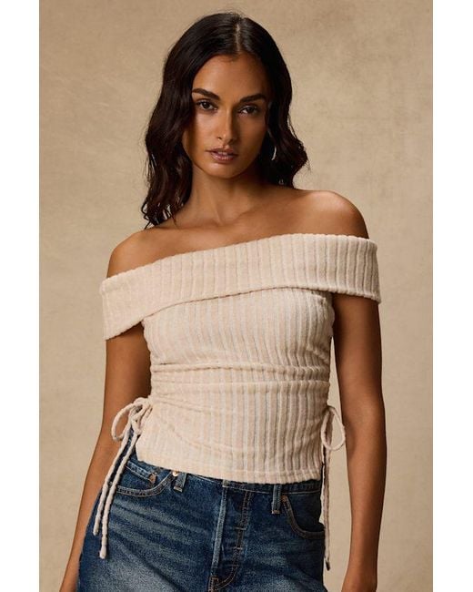 Lulus Natural Saphira Cream Ribbed Knit Off-The-Shoulder Top