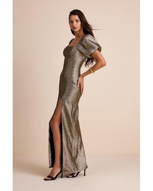 Lulus Natural Celestina Bronze Lurex Puff Sleeve Mermaid Maxi Dress