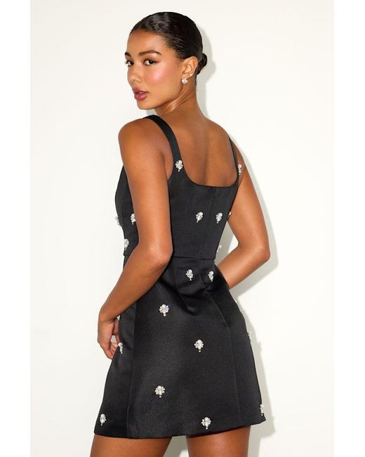 Lulus Black Naveena Satin Pearl Rhinestone Mini Dress