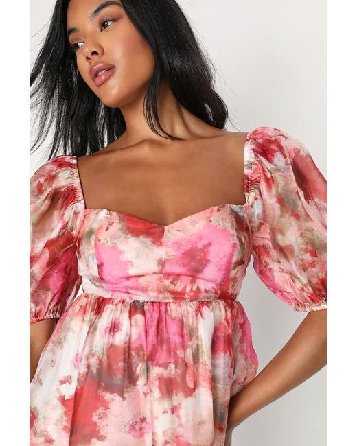 Lulus Red Darling Aura Multi Floral Organza Babydoll Mini Dress