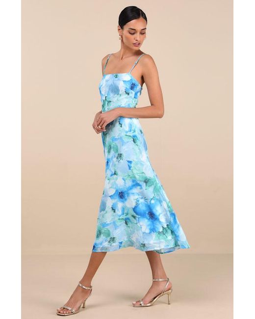 Lulus Blue Radiant Feelings Floral Chiffon Midi Dress