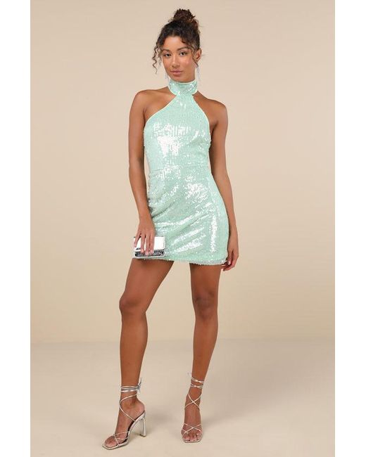 Lulus Green Sensational Purpose Mint Sequin Halter Tulip Mini Dress