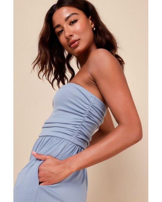 Lulus Blue Flawless Comfort Ruched Strapless Jogger Jumpsuit