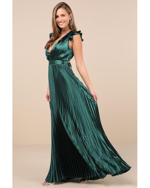 Lulus Blue Exceptional Drama Emerald Satin Lace-Up Pleated Maxi Dress