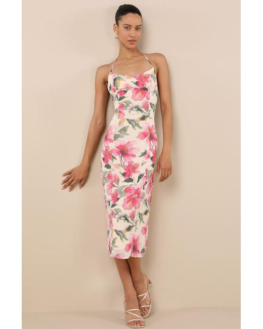 Lulus Pink Harleigh Floral Column Halter Midi Dress