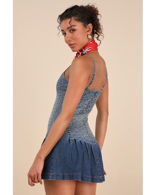 Lulus Blue Mazikeen Medium Wash Ombre Denim Pleated Mini Dress
