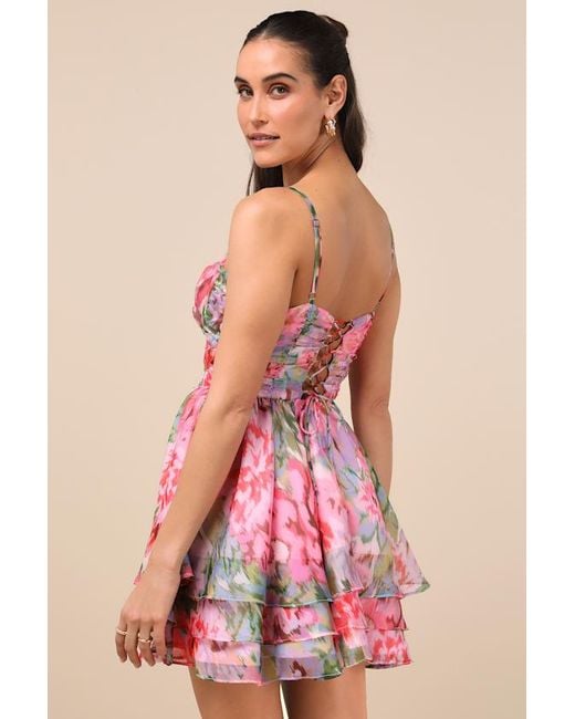 Lulus Evonne Abstract Floral Tiered Mini Skater Dress