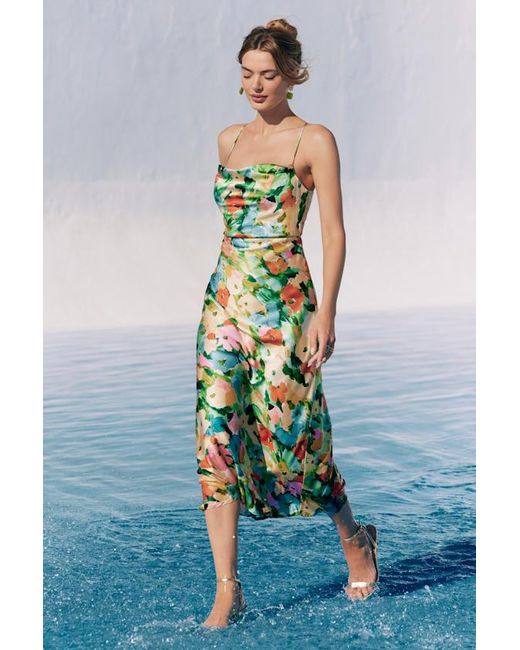 LOST AND WANDER Blue Fantasia Floral Lace-Up Midi Slip Dress