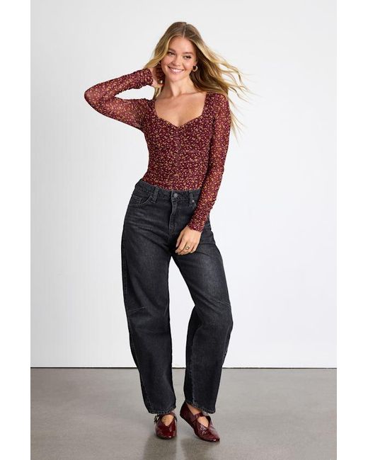 Lulus Red Adoring Desire Floral Print Mesh Ruched Bodysuit