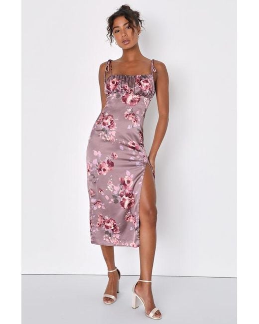 Lulus Red Fleur-Ty Behavior Floral Satin Tie-Strap Midi Dress