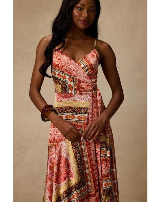 Lulus Brown Cerina Multi Boho Print Satin Wrap Maxi Dress