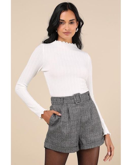 Lulus Gray Charmed Vibes Ribbed Lettuce Edge Long Sleeve Top