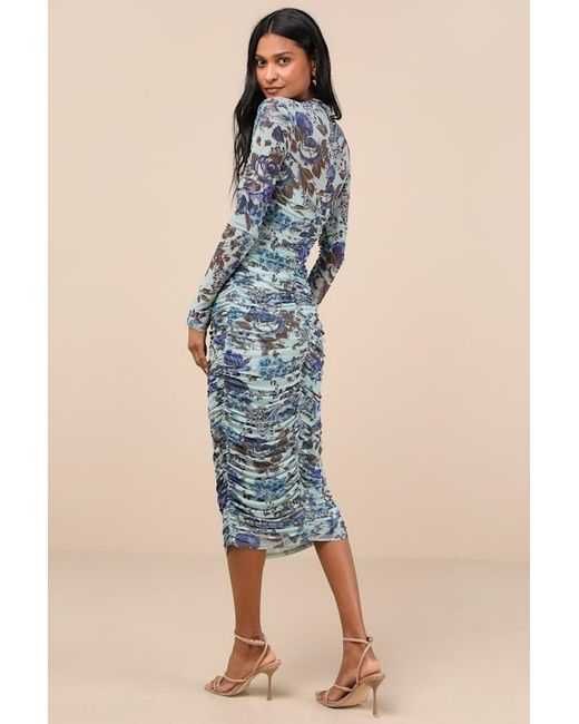 Lulus Blue Impressive Flirt Floral Mesh Ruched Mock Neck Midi Dress