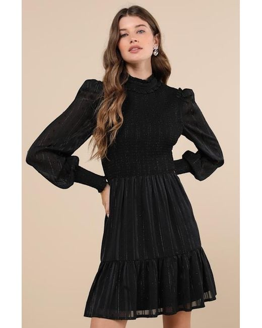 Lulus Black Heartful Romance Striped Smocked Long Sleeve Mini Dress