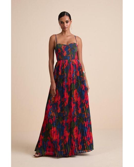 Lulus Red Kinleigh Multi Abstract Pleated Bustier Maxi Dress