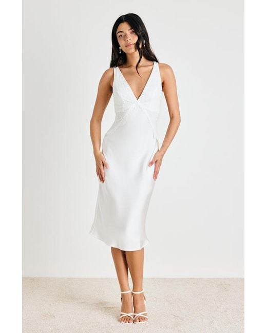 Lulus White Deloise Satin Lace Slip Midi Dress