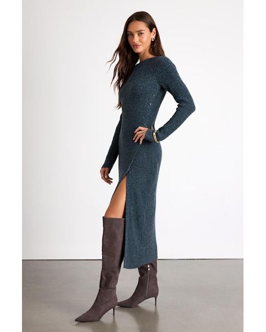 Lulus Blue Rileynn Heathered Dark Ribbed Sweater Midi Dress