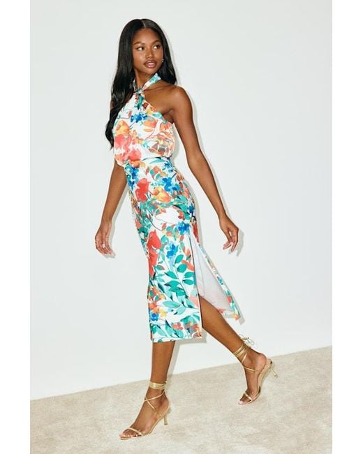 Lulus White Jacey Multi Floral Satin Halter Midi Dress