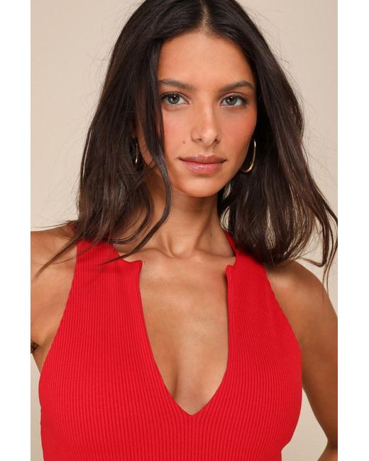 Lulus Red Trendy Endeavor Ribbed Notched Tank Top