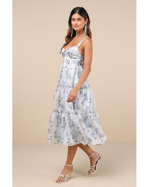 Lulus Blue Marvelously Darling Floral Tiered Backless Midi Dress