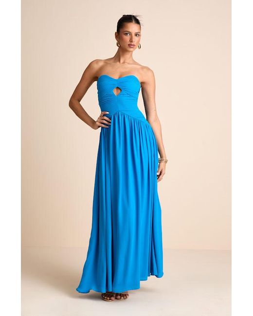 Lulus Blue Rozala Bright Pleated Strapless Maxi Dress