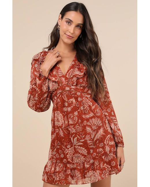 LOST AND WANDER Red Florencia Rust Floral Clip Dot Ruffled Mini Dress With Pockets
