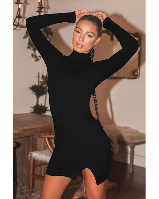 Lulus Black Sweet Season Ribbed Mock Neck Long Sleeve Bodycon Dress