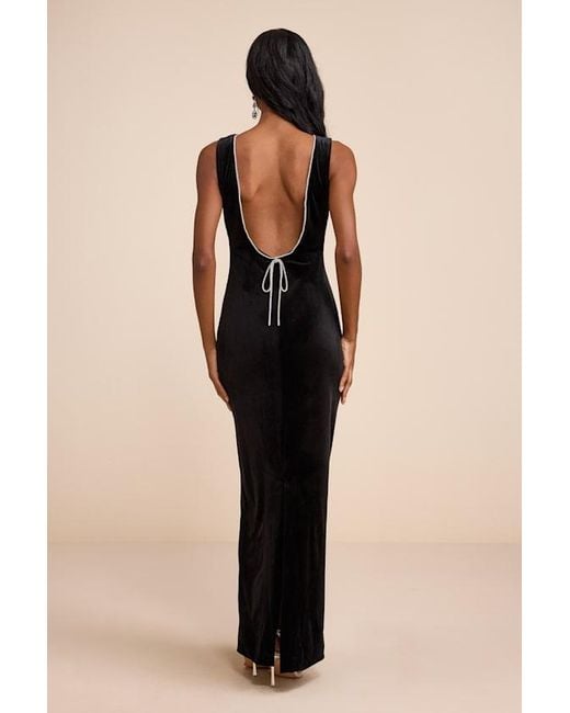 Lulus Black Barisan Velvet Rhinestone Bow Backless Maxi Dress