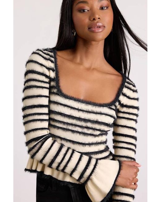 Lulus Black Steffy Cream And Fuzzy Striped Ruffled Sweater Top