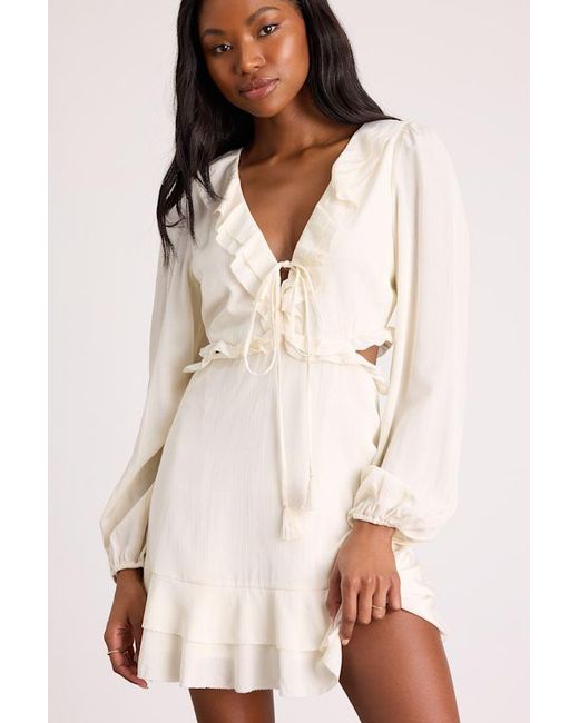 Lulus Natural Castilla Ruffled Long Sleeve Mini Dress
