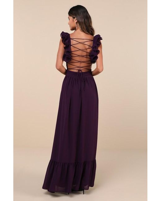 Lulus Purple Soiree Celebration Ruffled Lace-Up Maxi Dress