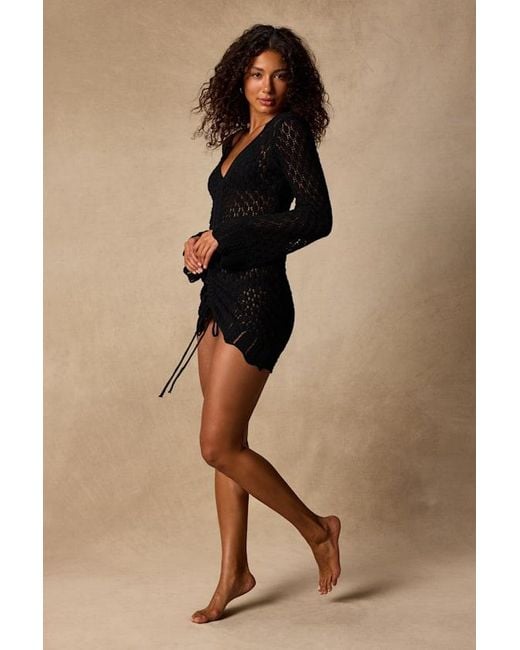 Lulus Black Seadrift Crochet Knit Ruched Mini Swim Cover-Up