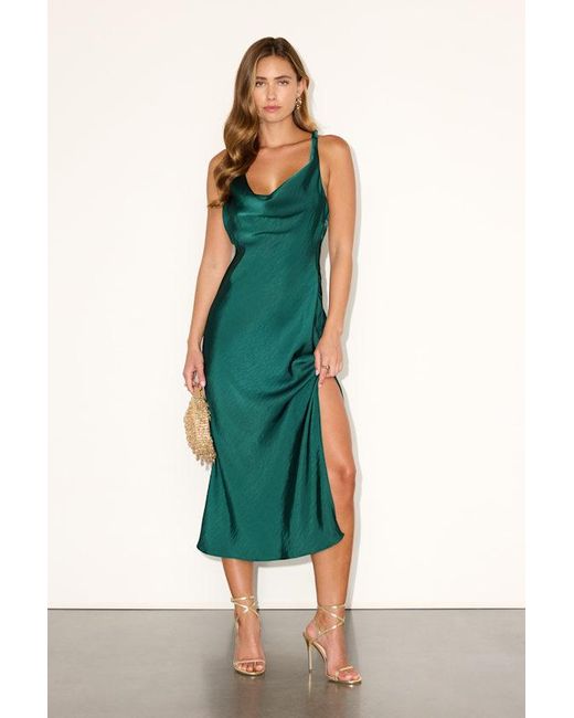 Lulus Alexandra Emerald Satin Cowl Neck Midi Dress in Green | Lyst