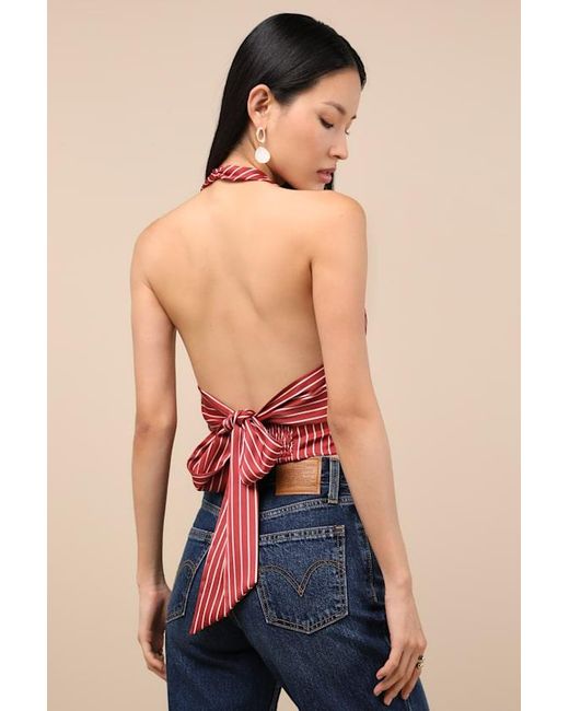 Lulus Multicolor Damiana Striped Satin Tie-Back Halter Top
