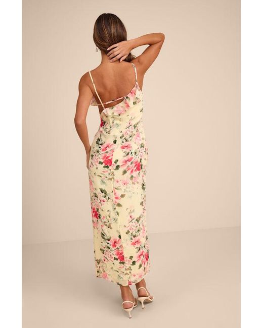 Lulus Natural Emery Floral Asymmetrical Ruffled Maxi Dress