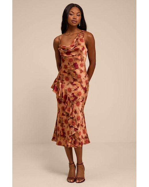 Lulus Natural Roxanne Rust Multi Floral Satin Asymmetrical Midi Dress