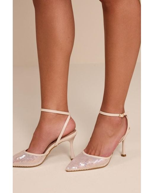 Lulus Natural Latasha Sequin Pointed-Toe Ankle Strap Pumps
