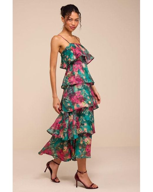 Lulus Blue Nia Multi Jacquard Organza Tiered Midi Dress