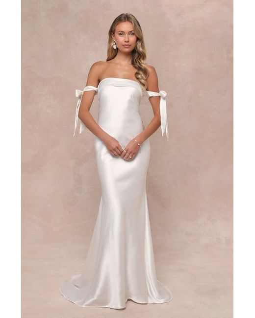 Lulus Natural Eternally Loved Cutout Satin Off-The-Shoulder Maxi Dress
