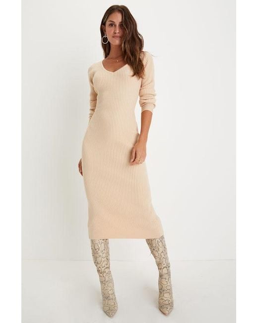 Lulus Natural Everyday Beauty Long Sleeve Ribbed Knit Sweater Dress