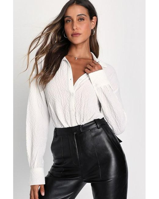 Lulus White Unique Icon Textured Button-Up Long Sleeve Bodysuit