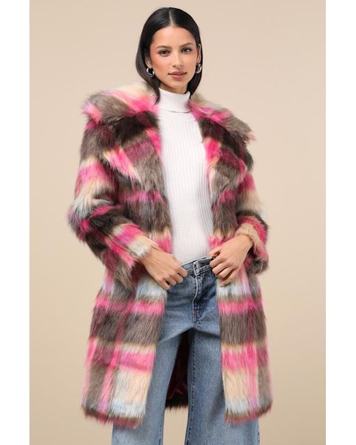 NVLT Pink Fancy And Plaid Faux Fur Coat